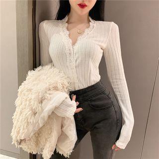 Long-sleeve Lace Trim Button Knit Top