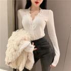 Long-sleeve Lace Trim Button Knit Top