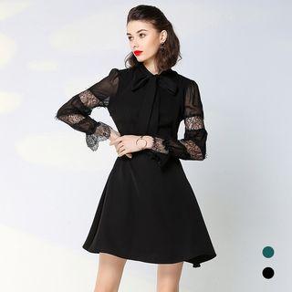Lace Panel Long-sleeve Tie-neck A-line Dress