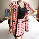 Set: Houndstooth Buttoned Jacket + Skirt Red - One Size