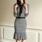 Stripe Ruffle-hem Bow-tied Knit Dress