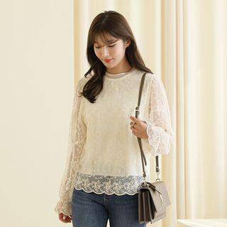 Bell-cuff Scallop-hem Tulle Lace Blouse