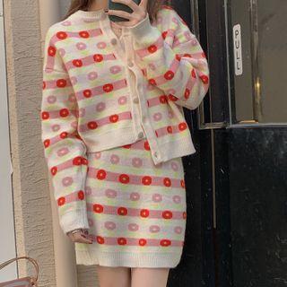Set: Pattern Cardigan + Knit Mini Fitted Skirt Cardigan - Floral - Yellow & Pink - One Size / Skirt - Floral - Yellow & Pink - One Size