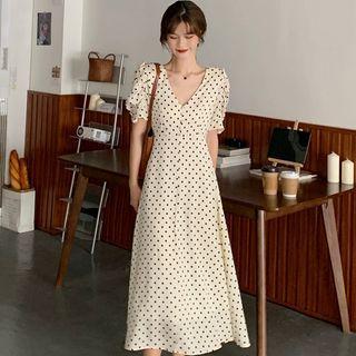 Reversible Puff-sleeve Polka Dot Midi A-line Dress