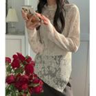 Set: Long-sleeve Irregular Lace Slim-fit Top + Camisole Top Almond - One Size