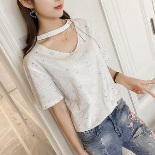 Short-sleeve Cutout Star Printed Top