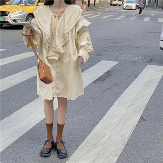 Long-sleeve Ruffle Midi A-line Dress Beige Yellow - One Size