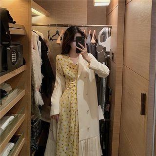 Double-breasted Pleated Long Coat / Long-sleeve Floral-print Midi Dress