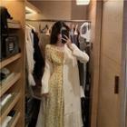 Double-breasted Pleated Long Coat / Long-sleeve Floral-print Midi Dress
