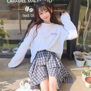 Set: Lettering Long-sleeve T-shirt + Plaid Asymmetric Hem A-line Skirt