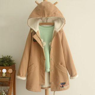Fleece-lined Cat Embroidered Hooded Coat