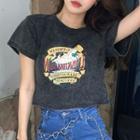 Short-sleeve Print Denim T-shirt Black - One Size
