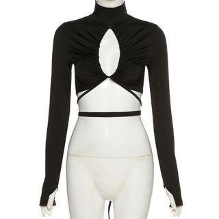 Mock-neck Cutout Drawstring Crop Top