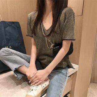 Glittered V-neck Short-sleeve Top