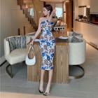 One Shoulder Pattern Midi Sheath Dress