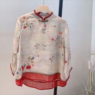 3/4-sleeve Print Frog-button Blouse / Wide Leg Pants