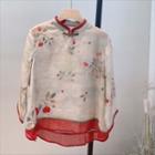 3/4-sleeve Print Frog-button Blouse / Wide Leg Pants