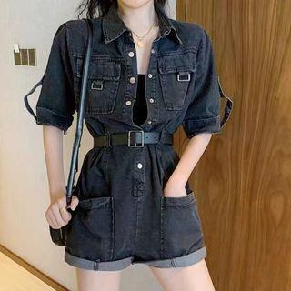 Short-sleeve Pocket Detail Denim Romper