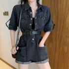 Short-sleeve Pocket Detail Denim Romper
