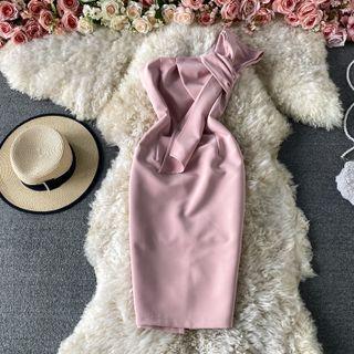 Plain Bow-detail One Shoulder Bodycon Dress