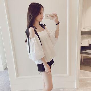 Two-tone Cold Shoulder Puff-sleeve Blouse
