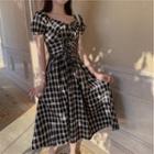 Balloon-sleeve Lace-up Gingham Midi A-line Dress