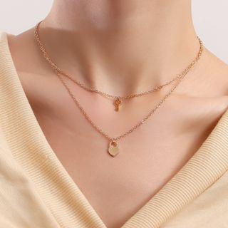 Lock & Key Pendant Layered Alloy Necklace Gold - One Size