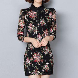 Flower Print Ruffle Trim Long-sleeve Lace Dress