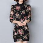 Flower Print Ruffle Trim Long-sleeve Lace Dress