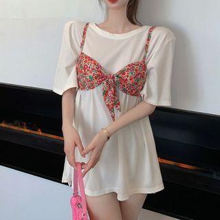 Short-sleeve Slit T-shirt / Floral Cropped Camisole Top