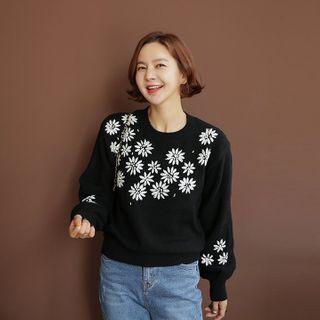 Balloon-sleeve Flower-embroidered Sweater