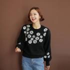 Balloon-sleeve Flower-embroidered Sweater
