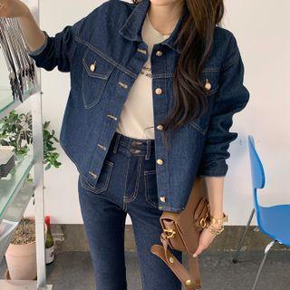 Flap-pocket Stitched Denim Jacket Dark Blue - One Size