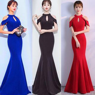 Cut Out Shoulder Short Sleeve Evening Dress