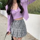 Ribbed Knit Cardigan / Cropped Camisole Top / Plaid Mini Pleated Skirt