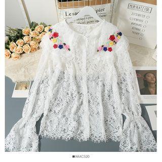 Flower-embroidered Loose-fit Sheer Lace Shirt White - One Size