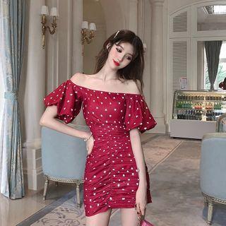 Short-sleeve Heart Print Mini Sheath Dress