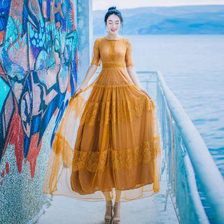 Elbow-sleeve Mesh Overlay Maxi A-line Dress