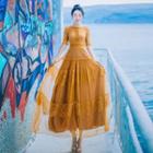 Elbow-sleeve Mesh Overlay Maxi A-line Dress