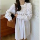Puff-sleeve Plain Shirred Dress White - One Size