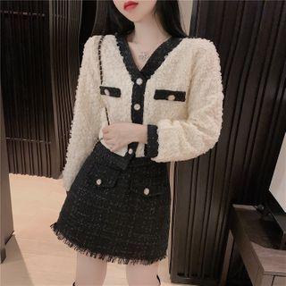 Contrast Trim Button Jacket / Fringed Hem Mini A-line Skirt