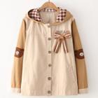 Embroidered Bow Accent Button Jacket Khaki - One Size