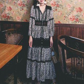 Long-sleeve Floral Lace Trim Maxi A-line Dress