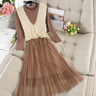 Set: Long-sleeve Maxi Mesh Dress + Knit Vest