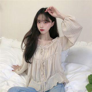 Square-neck Ruffle Trim Blouse Almond - One Size