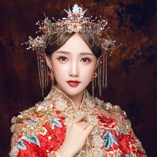 Set: Wedding Phoenix Tiara + Hair Stick + Fringed Earring Set - Gold & Red - One Size