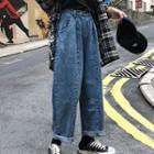 Elastic-waist Wide-leg Jeans Dark Blue - One Size
