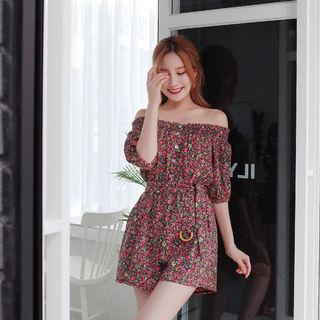 Off-shoulder Floral Print Playsuit With Belt