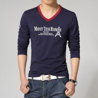 Long-sleeve V-neck Print T-shirt