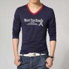Long-sleeve V-neck Print T-shirt